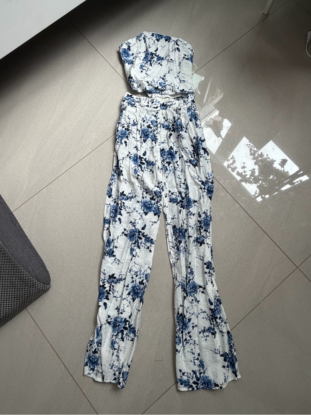 Sienna Sky Blue & White Floral Strapless Top & Wide Leg Pants Set S